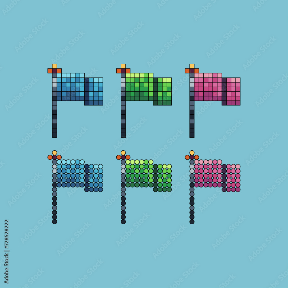 Poster pixel art stroke sets icon of flag logo variation color.flat flag icon on pixelated style. 8bits ill