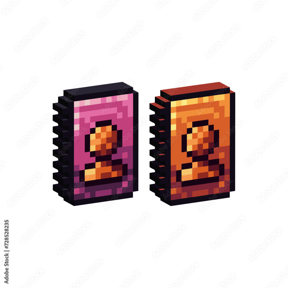 Poster isometric pixel art 3d of bookmark icon for items asset. book of person icon on pixelated style.8bit