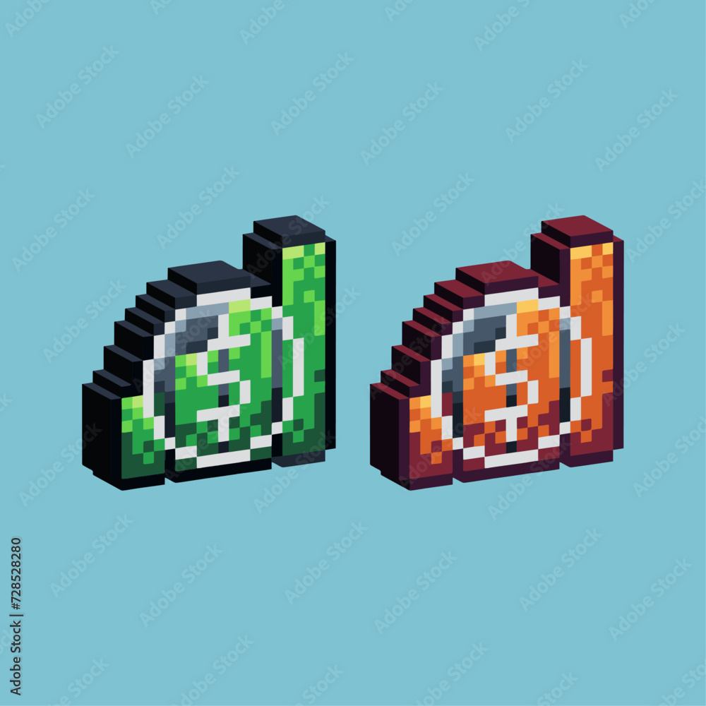 Poster isometric pixel art 3d of money graphic icon for items asset. rising money graph icon on pixelated s