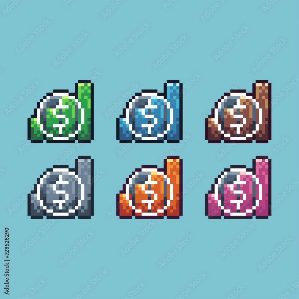 Poster pixel art sets icon of money graphic logo variation color.finance graph icon on pixelated style. 8bi
