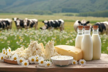 A picturesque scene of farm-fresh dairy products and milk resting on a rustic outdoor table, surrounded by lush green grass and overlooking majestic mountain views