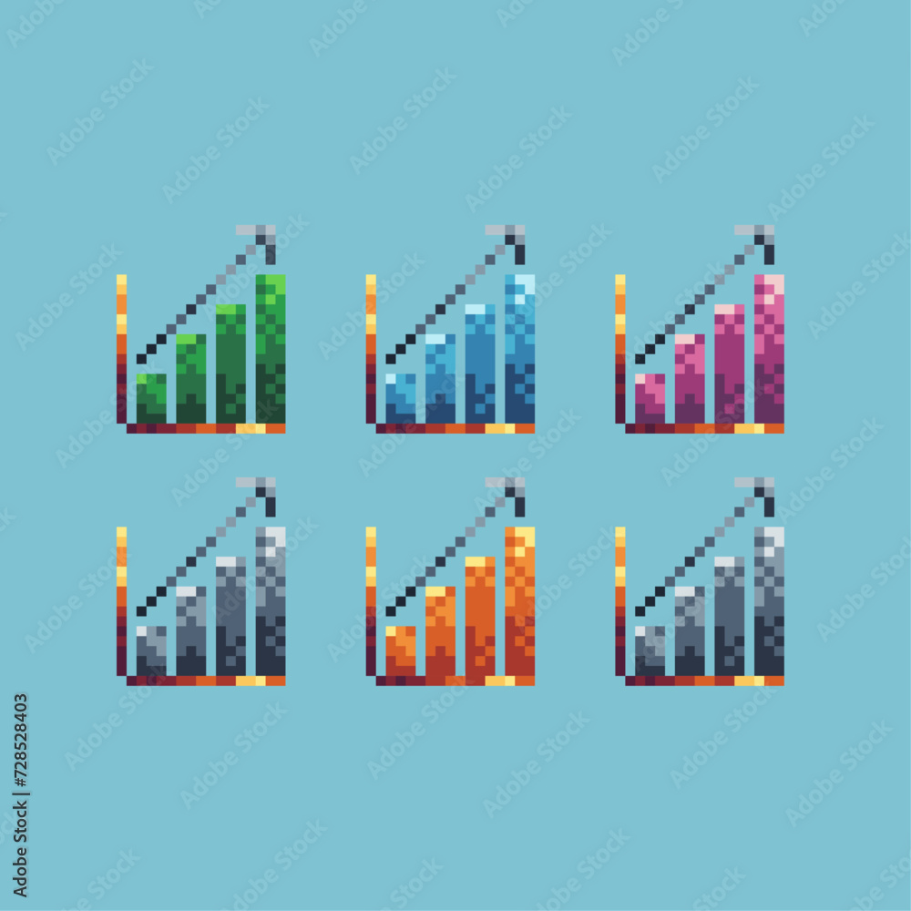 Poster pixel art sets icon of up rise graph logo variation color rising money icon on pixelated style. 8bit