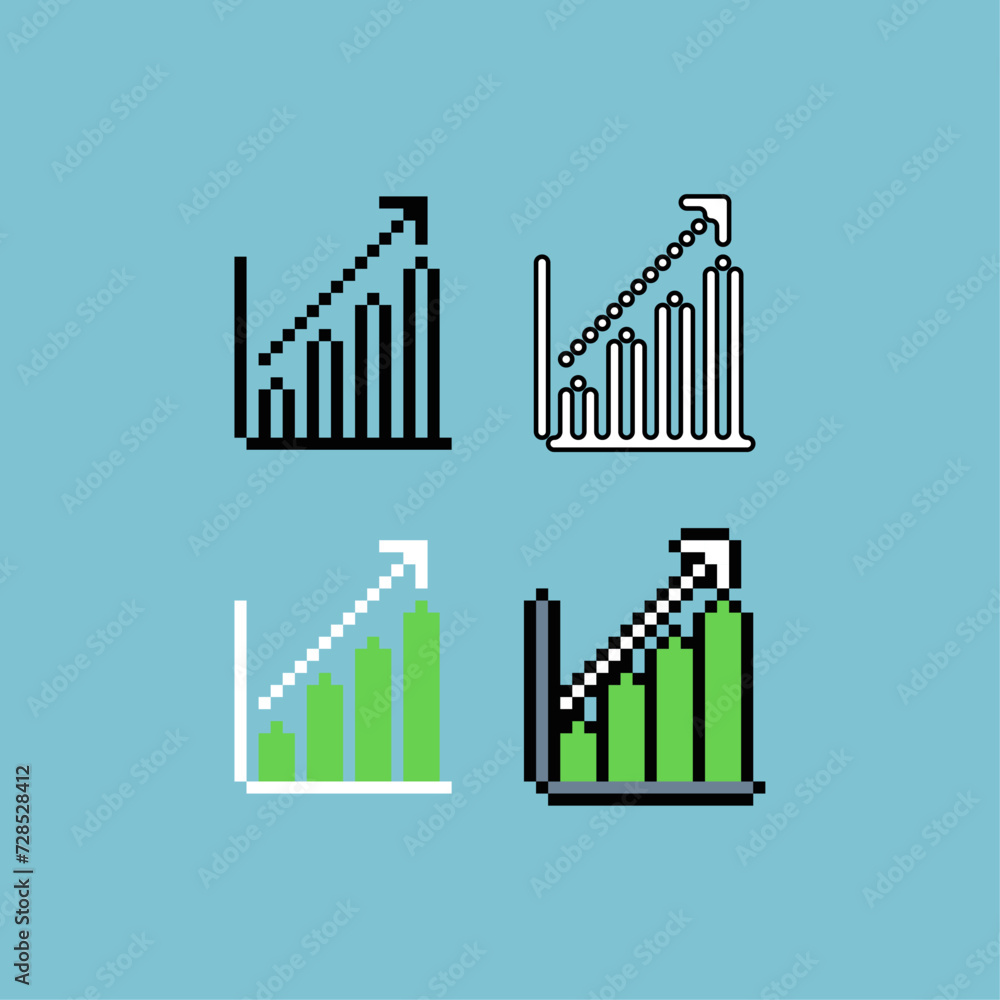 Poster pixel art outline sets icon of up rise graph logo variation color rising money icon on pixelated sty