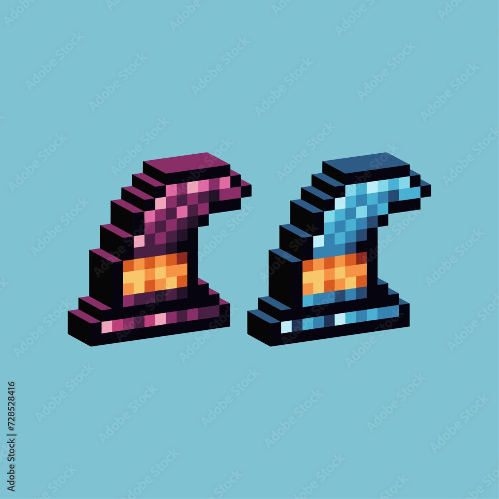 Poster isometric pixel art 3d of witch hat icon for items asset. wizard hat icon on pixelated style.8bits p