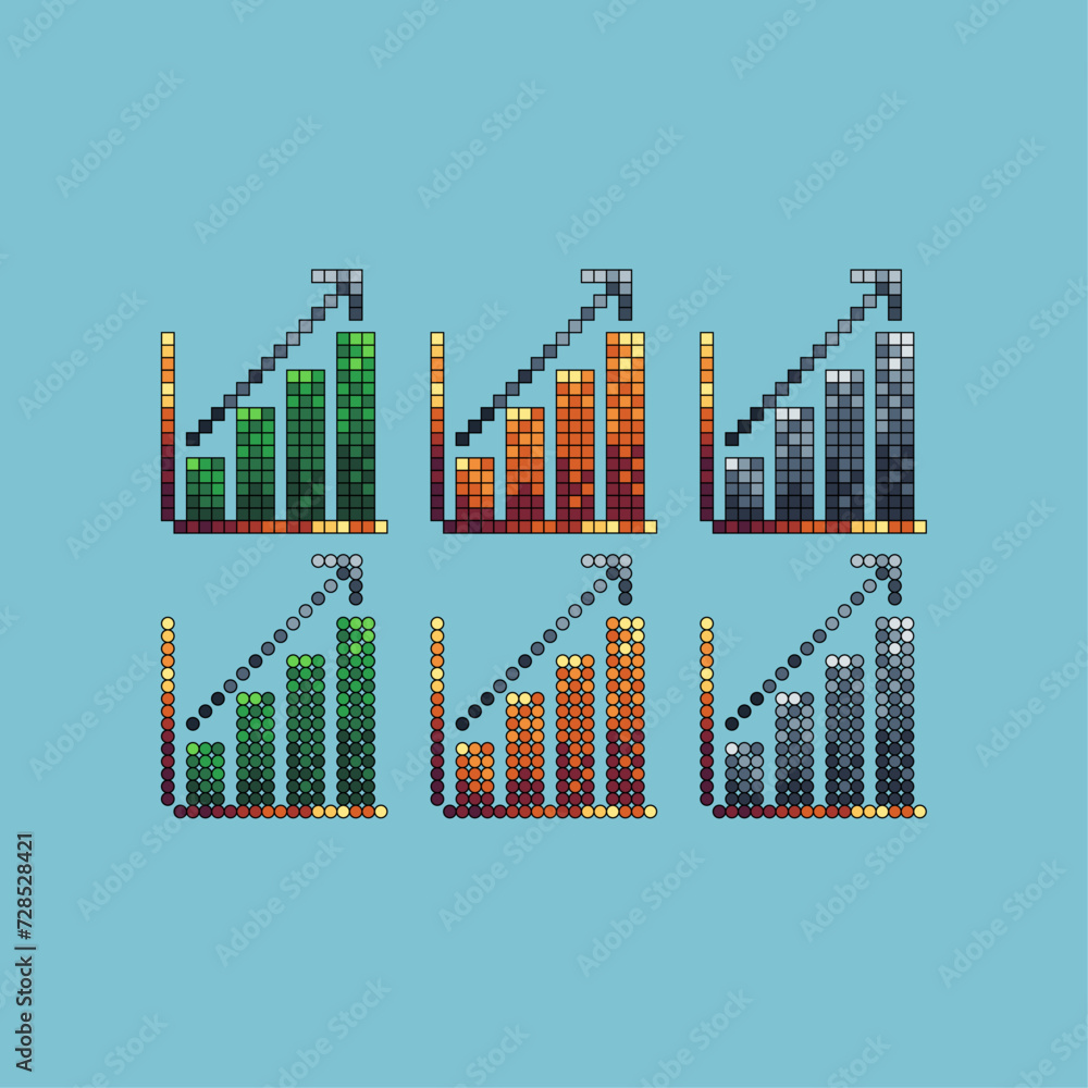 Poster pixel art stroke sets icon of up rise graph logo variation color rising money icon on pixelated styl