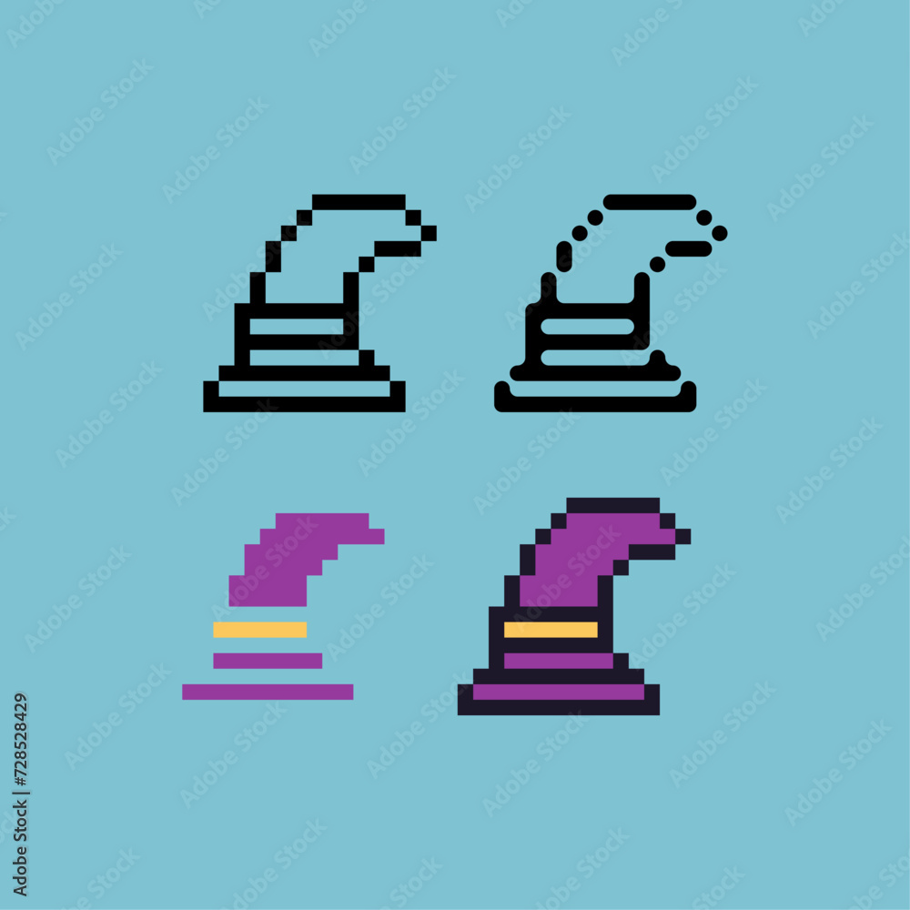 Poster pixel art outline sets icon of witch hat collection variation color.witch hat icon on pixelated styl