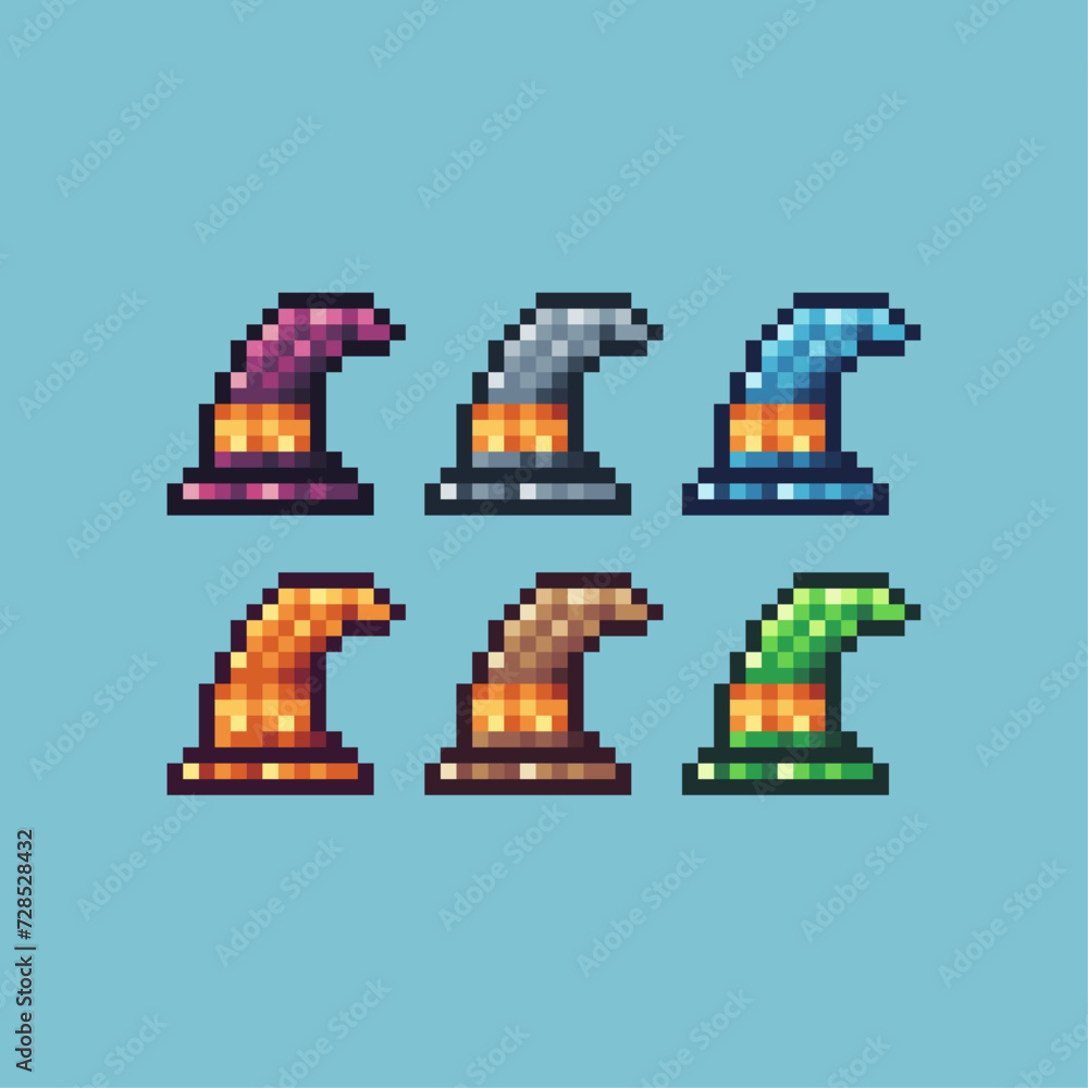 Poster pixel art sets icon of witch hat collection variation color.witch hat icon on pixelated style. 8bits