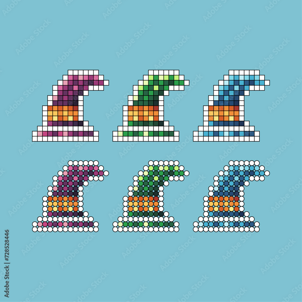 Poster Pixel art stroke sets icon of witch hat collection variation color.Witch hat icon on pixelated style. 8bits Illustration, perfect for design asset element your game ui. Simple pixel art icon asset.