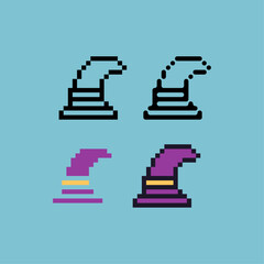 Pixel art outline sets icon of witch hat collection variation color.Witch hat icon on pixelated style. 8bits Illustration, perfect for design asset element your game ui. Simple pixel art icon asset.
