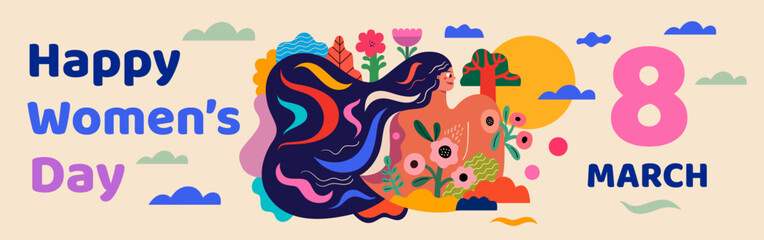Obraz premium Happy Women's Day. Vector bright colourful banner with woman's face for the holiday Women's day. Character design for 8th march, women's day. 
