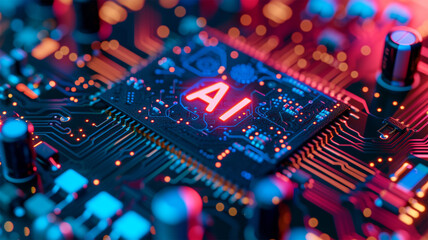 a complex circuit board, illustrating the integration of artificial intelligence technology with electronic hardware.