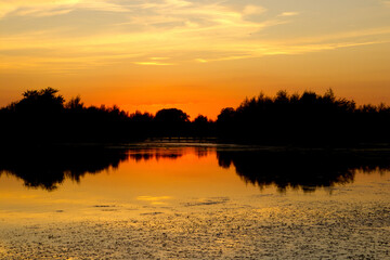 Beautiful twilight colors at sunset by the forest lake