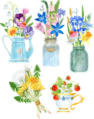 Watercolor wildflowers bouquets in watering can, jar and cup. Dandelion bouquet