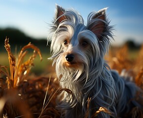 Naklejka premium Elegant long-haired dog with gray fur of the Shih Tzu breed. Concept: pets, the beauty of nature and purebred dogs 