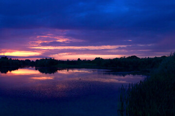 Fototapeta na wymiar Blue purple sky at dusk by the forest lake