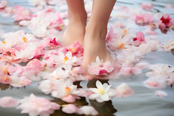 Young woman standing in water feet covered with delicate pink white flowers. Skin care pedicure spa wellness concept