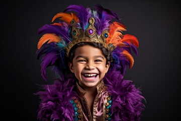 Enfant heureux avec masque pour le Mardi Gras avec confettis