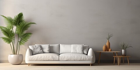 Stylish home interior with minimalist grey sofa, tropical plants, and elegant accessories. Space for inscription, mock-up poster.