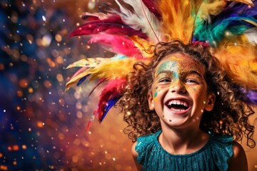 Enfant heureux avec masque pour le Mardi Gras avec confettis - obrazy, fototapety, plakaty