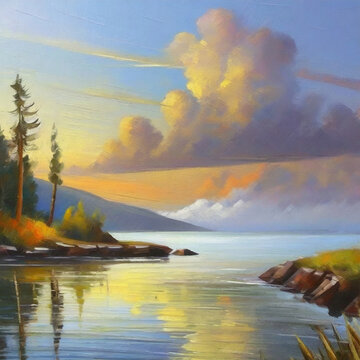 Oil painting of serene sunset over a lake or river, sea calm waters reflecting evening sky, natural beauty.