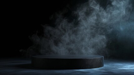 Empty podium, black color, rounded shape, dark background, light smoke, for product demonstration, minimalism.