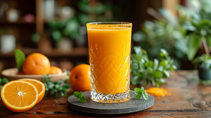 Glass of freshly squeezed orange juice with pulp fruit on countertop by the window in morning light.