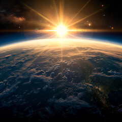 Fototapeta na wymiar Sunlight ascending over Earth in outer space, ai technology