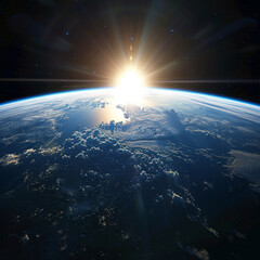 Sunlight ascending over Earth in outer space, ai technology