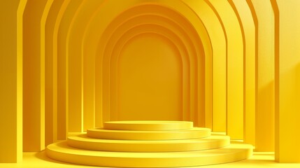 Empty round, yellow podium shape, for product demonstration, on a yellow arch background, minimalism.