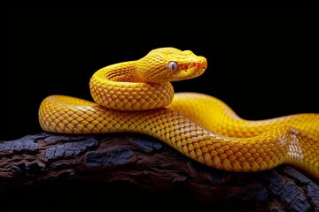 Fototapeta premium A vibrant yellow viper perches upon a rocky outcrop, its sleek and scaled form exuding a powerful yet elegant presence in the midst of its natural grassland habitat