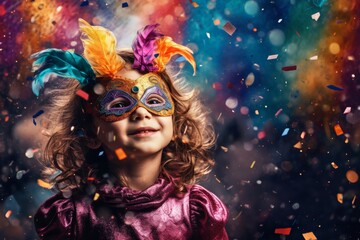 Enfant heureux avec masque pour le Mardi Gras avec confettis