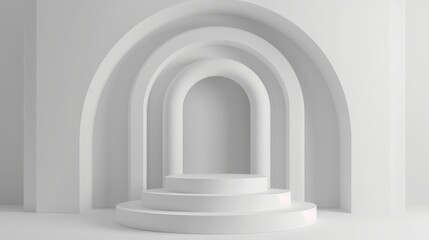 Empty round, white podium shape, for product demonstration, arches on a white background, minimalism.
