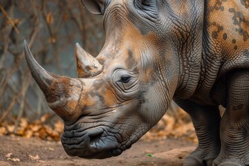 Fototapeta premium A magnificent white rhinoceros stands tall, its impressive horn glistening in the sun, embodying the strength and beauty of a powerful terrestrial mammal in the wild