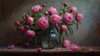Pink peonies, flowers, a large bouquet, in a glass jar, a postcard.
