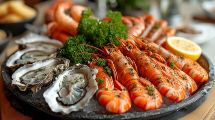 Fresh Seafood Platter, an elegant display of fresh seafood, including lobster, shrimp, and oysters, arranged on a platter. 