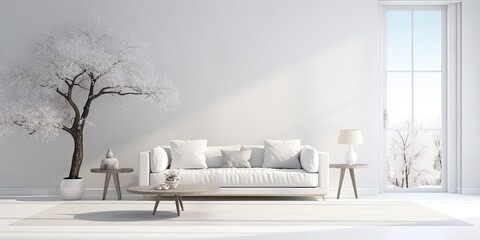 Spacious white living room with furniture, carpet, tree, and wall for design.