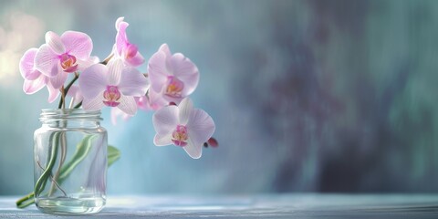 Pink orchid in a glass jar, on a blue background, banner.