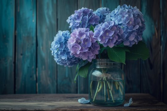 Blue hydrangeas, flowers, in a glass jar, on the table. The background is wooden boards, vintage.