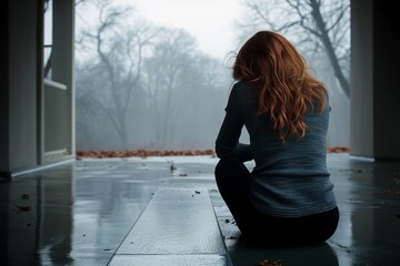 A woman bundled in winter clothing sits alone on a wet porch, surrounded by the thick fog as rain pours down and a lone tree stands in the background, reflecting in the windows and adding to the somb