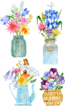 Watercolor wildflower bouquets in watering can, jar a basket