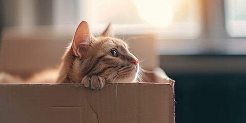 Fototapeta premium Curious orange Tabby cat peeking out from an open cardboard box. Creative concept for moving into a new apartment with pets.
