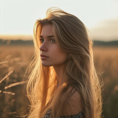Fototapeta premium Thoughtful young woman with long blond hair on field blurred background, ai technology
