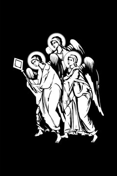 Traditional orthodox image of Archangels. Christian illustration black and white in Byzantine style
