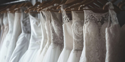 Elegant Wedding Dresses on Hangers. White lace wedding  display. Simple background wallpaper for wedding dresses shop banner.