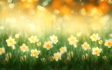 Nature's Blooming Spectacle: A Sunny Delight of Colorful Floral Beauty Sparkling amidst a Lush Green Meadow