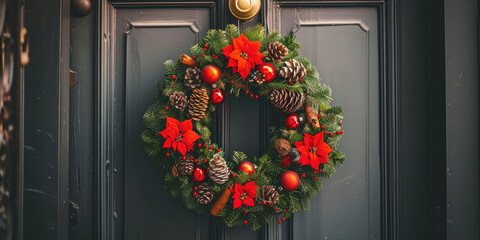 Fototapeta na wymiar Festive Traditional Christmas wreath adorned with pine cones, berries, poinsettias on a door exterior, copy space.