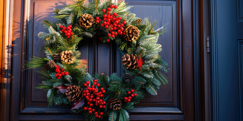 Fototapeta na wymiar Festive Traditional Christmas wreath adorned with pine cones, berries, poinsettias on a door exterior, copy space.