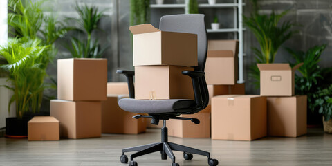 Office Relocation - Modern empty office chair, pile of stacked cardboard boxes, symbolizing moving in new office.