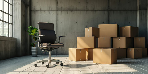 Office Relocation - Modern empty office chair, pile of stacked cardboard boxes, symbolizing moving in new office, copy space.