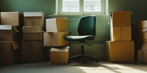 Office Relocation - Modern empty office chair, pile of stacked cardboard boxes, symbolizing moving in new office.
